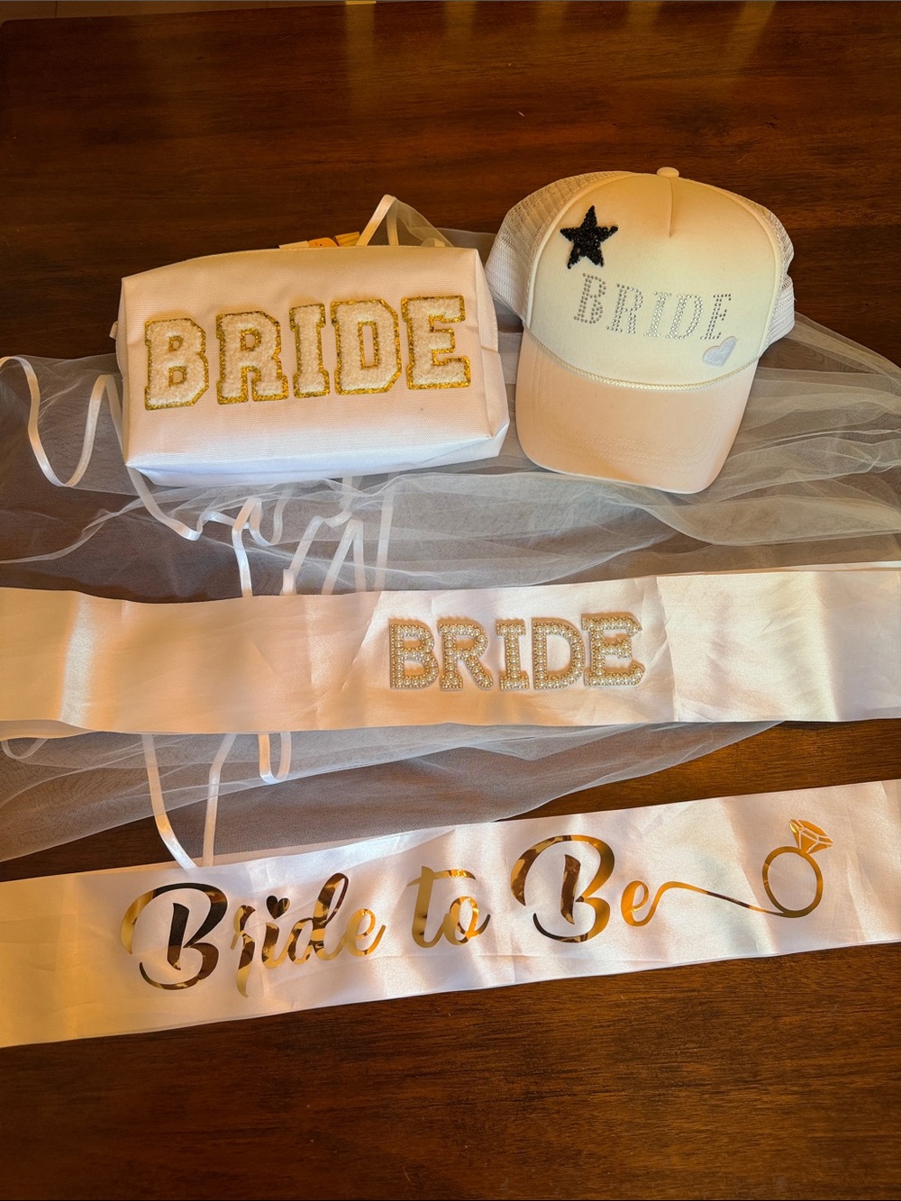 Bride Sash, Veil & Cap Bridal Party Set in White and Gold